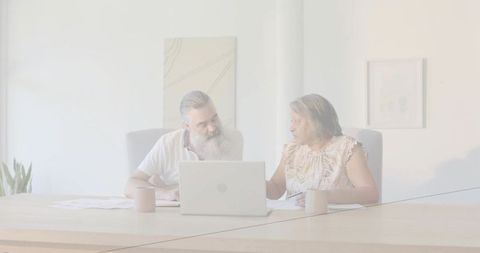 Mature couple collaborating over laptop and documents in bright home office
