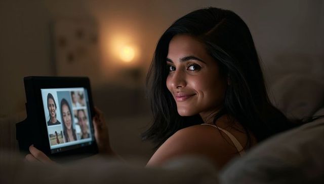 Young woman relaxing in bedroom holding tablet during cozy nighttime video call