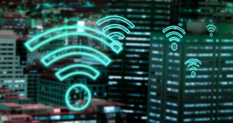 Digital Wifi Icons Illustrated Over Neon Cityscape