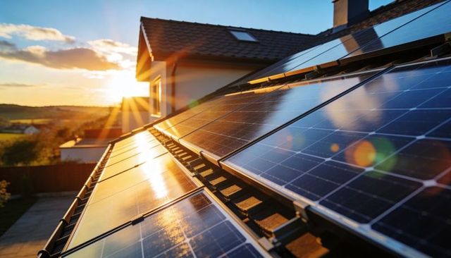 Rooftop Solar Panels Capturing Golden Hour Sunlight on Sloped Residential Roof