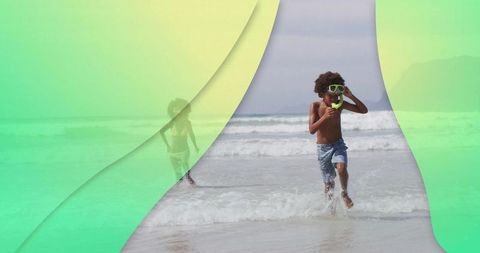 Children running on shoreline wearing snorkel masks, splashing in summer beach waves