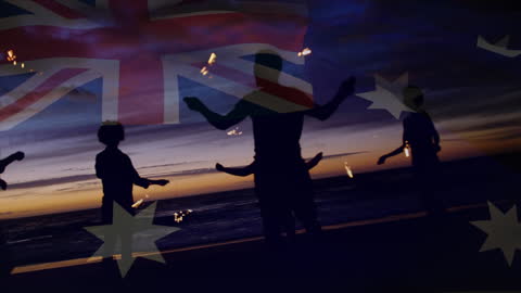 Celebratory Australian Flag Overlay on Beach Bonfire Gathering