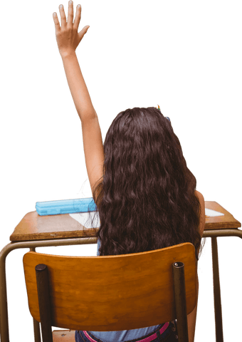 Back View of Girl Raising Hand in Classroom on Transparent Background