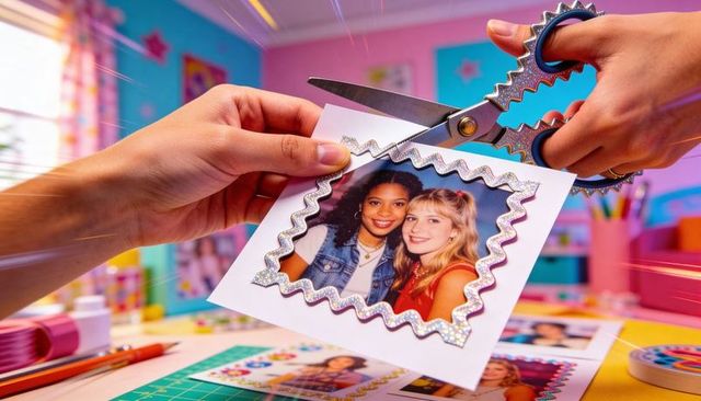Teen girls cutting printed portrait with glitter wavy frame for scrapbooking craft