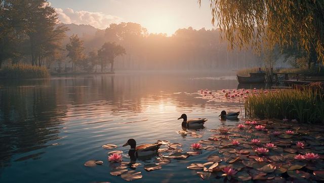Serene sunrise on tranquil lake with ducks and water lilies