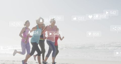 Women Jogging on Beach with Social Media Effects
