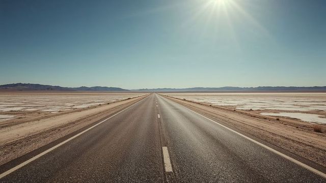 Endless open road through vast salt desert beneath bright sun