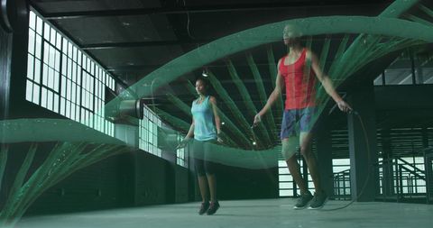 DNA Helix Overlay with Pair Skipping Rope in Modern Gym