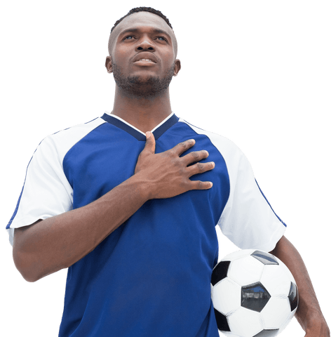 Motivated Football Player Holding Soccer Ball on Transparent Background