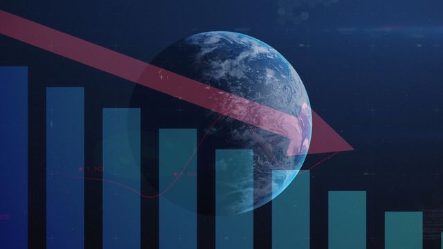 Visually depicting global financial challenges with overlapping data and red decline arrow against earth. Useful for presentations about economic trends, impact of global events or educational materials on world finance.