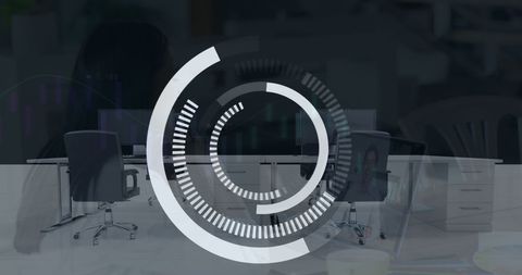 Digital security overlay on modern office desk and equipment