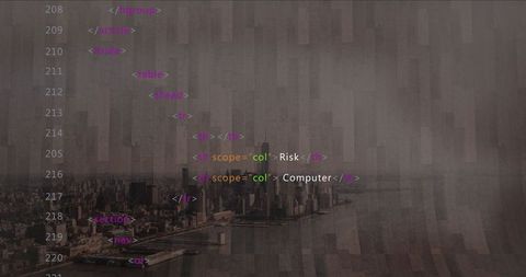 Futuristic city with html code overlay blending tech and urban life