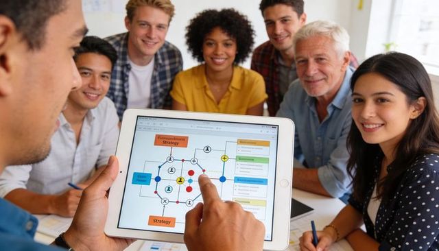 Multigenerational team collaborating around tablet, presenting interactive workflow strategy