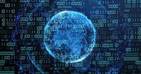 Rotating Holographic Globe Visualizing Global Data Flow with Binary Code and Network Nodes