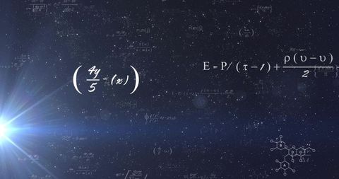 Cosmic equations floating over starfield with blue lens flare, molecular formula diagram