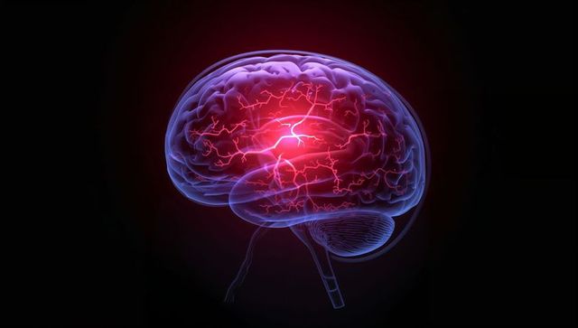 Glowing 3D Brain Visualization with Red Active Core and Illuminated Neural Pathways