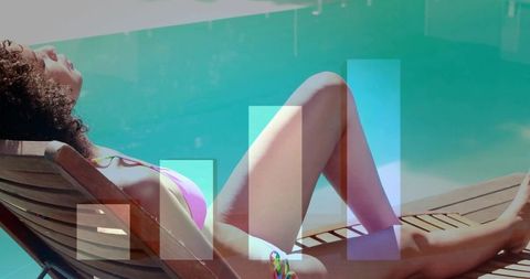 Sunbathing woman reclining on wooden lounger by turquoise pool with abstract overlay