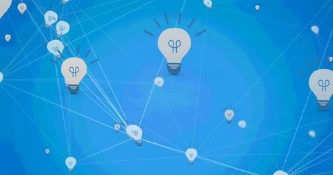 Creative communication technology lightbulb network on blue background