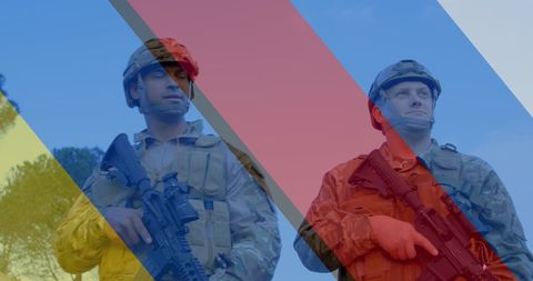 Soldiers with Ukraine and Russia Flag Overlay for International Crisis