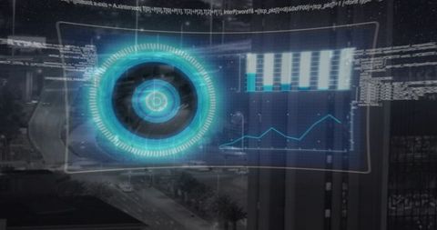 Futuristic Augmented Reality HUD Over Downtown Boulevard with Cyan Radar and Data Charts