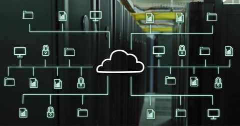 Cloud network overlay projecting across datacenter racks with neon security icons, cables