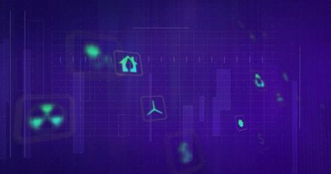 Holographic cyan propeller icon rotating over neon HUD grid with cyber interface elements