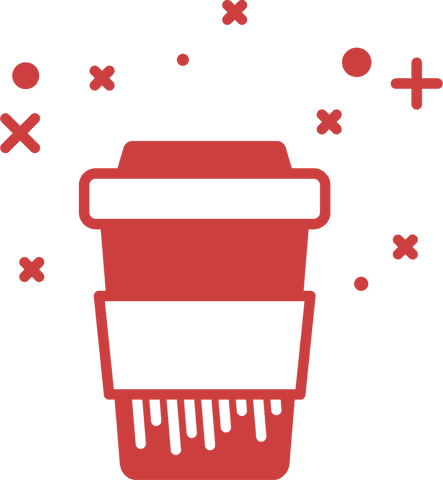 Red Coffee Cup Overlays with Playful Symbols on Transparent Background