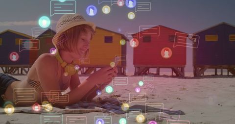 Summer Vacation: Woman Connecting on Social Media at Beach