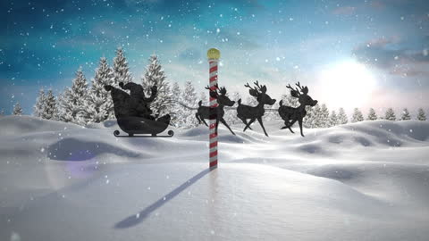 Silhouette of Santa Sleigh with Reindeer at North Pole