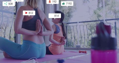 Mother Daughter Yoga with Social Media Engagement in Background