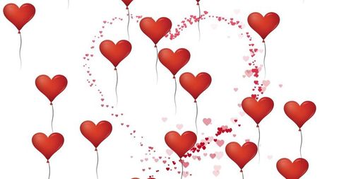 Floating red heart balloons forming confetti heart outline on clean white background