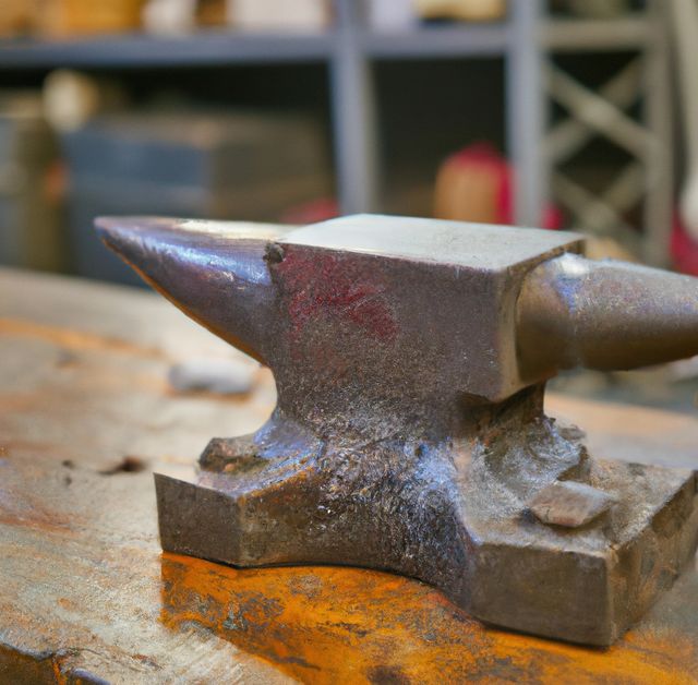 Image captures a close-up view of a rusty anvil placed on a wooden workbench in a workshop, highlighting details and textures of aged metal and wood. Ideal for illustrating traditional blacksmithing, craftsmanship, industrial and metalworking settings. Useful for articles, blog posts, and educational materials about metalworking tools and techniques.