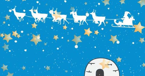 Santa with Reindeer Sleigh Soaring Over Starry Night Sky