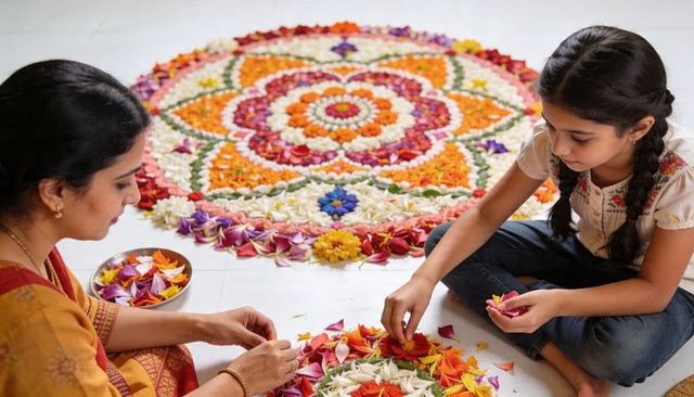 Mother and daughter creating colorful floral rangoli mandala for festival celebration