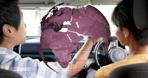Teen drivers navigating global routes with purple globe overlay car interior dashboard concept