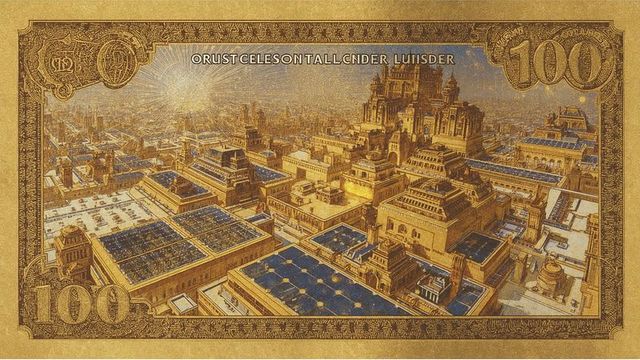 Intricate Cityscape on Vintage Currency Note Design