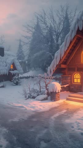 Panning Vertical Video Showing Snowy Cottage at Dusk with Warm Window Glow and Copy Space