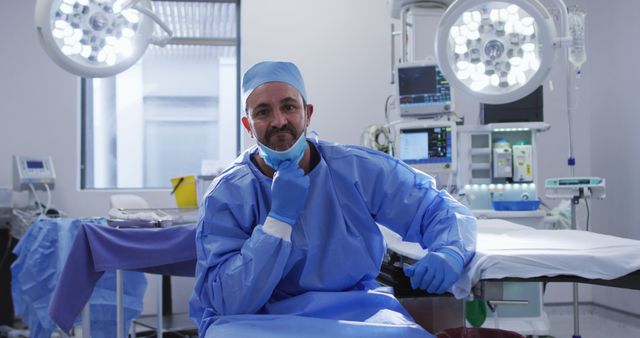 Portrait of caucasian male surgeon wearing lowered face mask sitting in operating theatre smiling. medicine, health and healthcare services during covid 19 coronavirus pandemic.