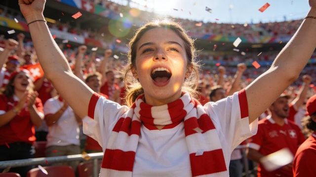Teenage female fan cheering in stadium with red and white scarf, confetti and sunlight