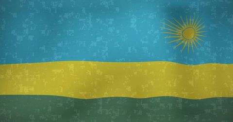 Rwanda flag rippling on vintage textured fabric featuring golden sunburst emblem