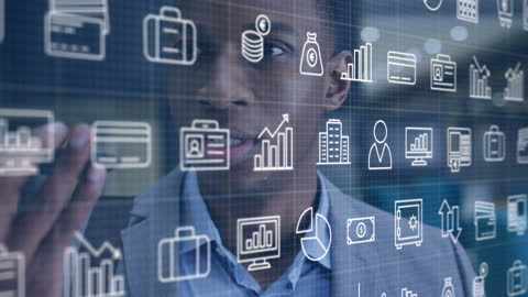 Businessman Analyzing Digital Financial Icons Interface