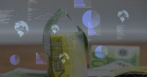 Rolled yellow banknote with financial data overlay visualizing global currency analytics