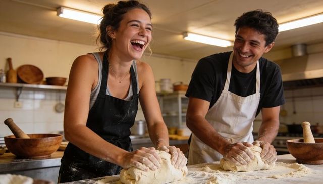 Happy bakers kneading dough together in busy artisan bakery kitchen smiling teamwork collaboration