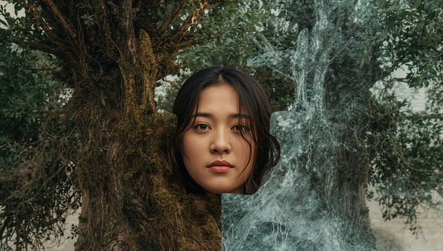 Gazing Asian woman blending with mossy tree trunk and flowing water overlay, ethereal