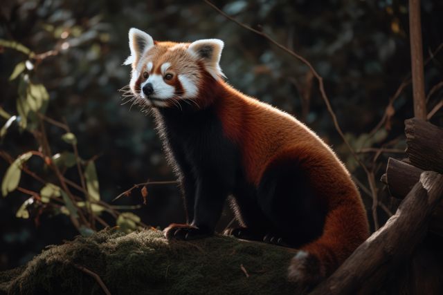 Red panda on rock in forest, created using generative ai technology. Animal, wildlife and nature concept digitally generated image.