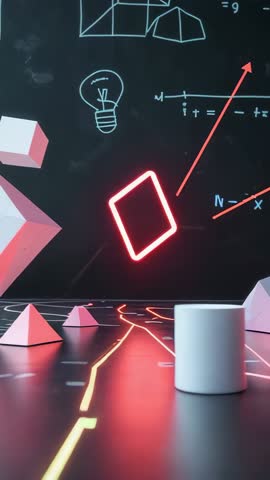 Vertical Neon Geometry Video Featuring Rotating Red Square Bobbing Above Futuristic Grid