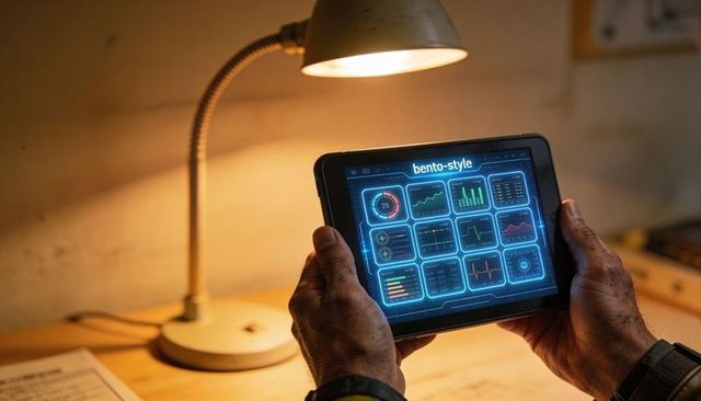 Holding tablet displaying futuristic bento-style analytics dashboard under warm desk lamp