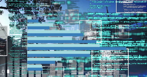 Digital Analytics and Data Code Overlay on Urban Landscape