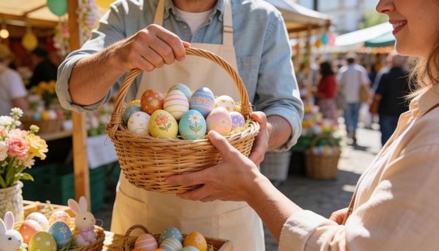 Handing wicker basket of pastel painted easter eggs to smiling customer at outdoor market