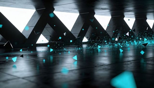 Futuristic neon corridor with cyan geometric shards drifting over reflective floor